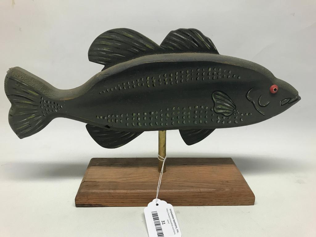 Wooden Carved & Painted Fish On Stand