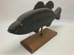 Wooden Carved & Painted Fish On Stand