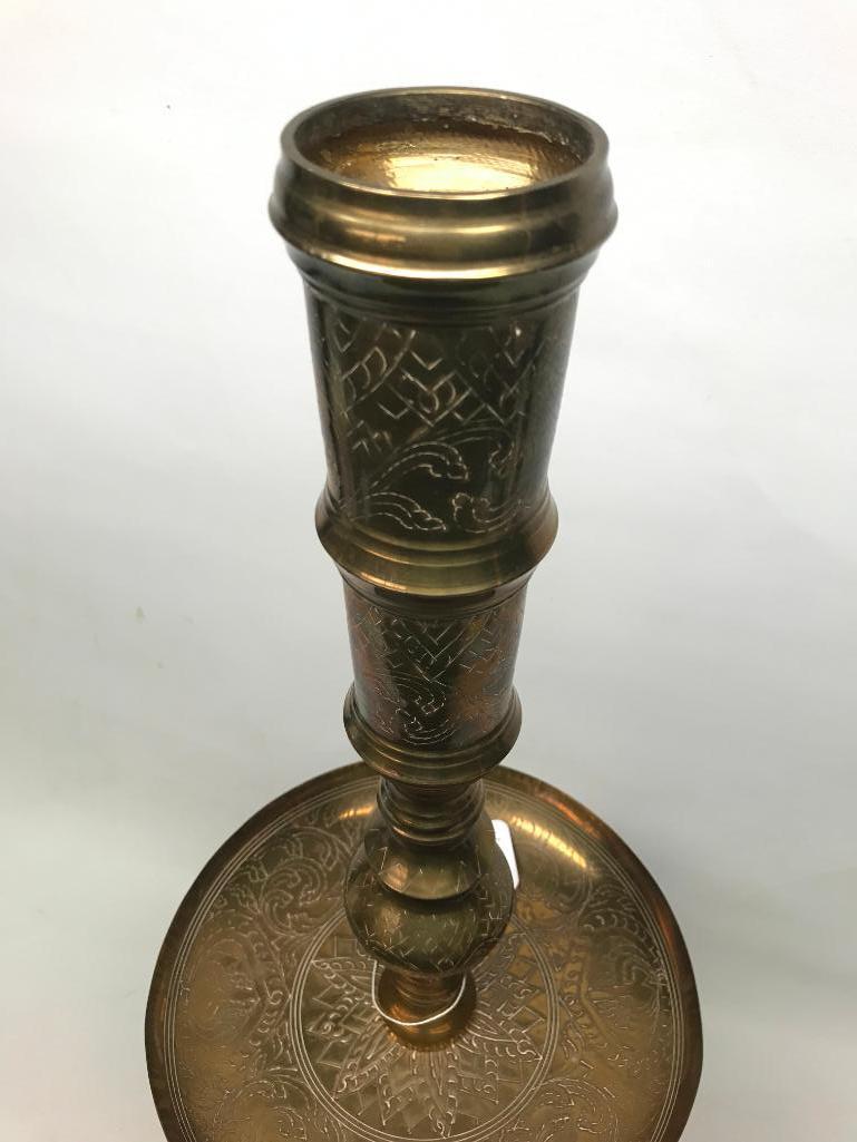 Engraved Brass Floor Candle Holder