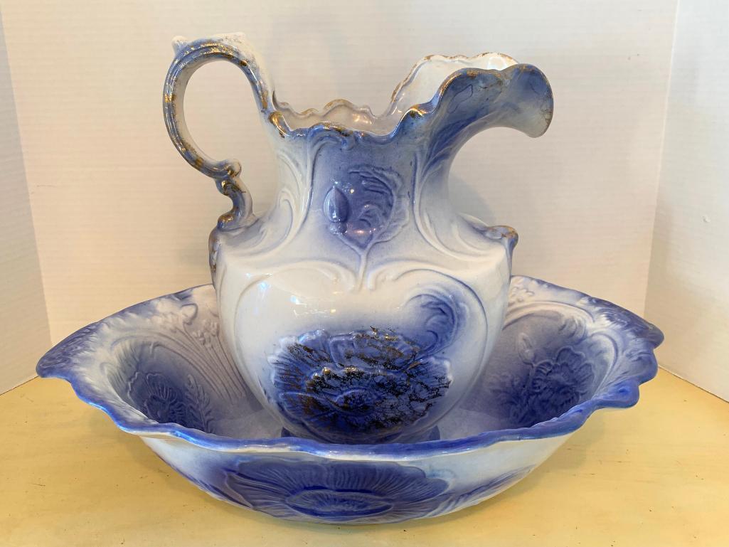 Porcelain Water Pitcher & Basin. Basin is 5" x 19" x 13"
