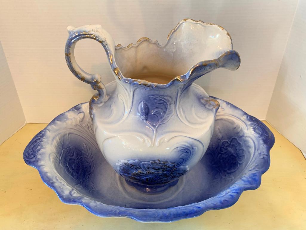 Porcelain Water Pitcher & Basin. Basin is 5" x 19" x 13"