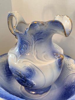 Porcelain Water Pitcher & Basin. Basin is 5" x 19" x 13"