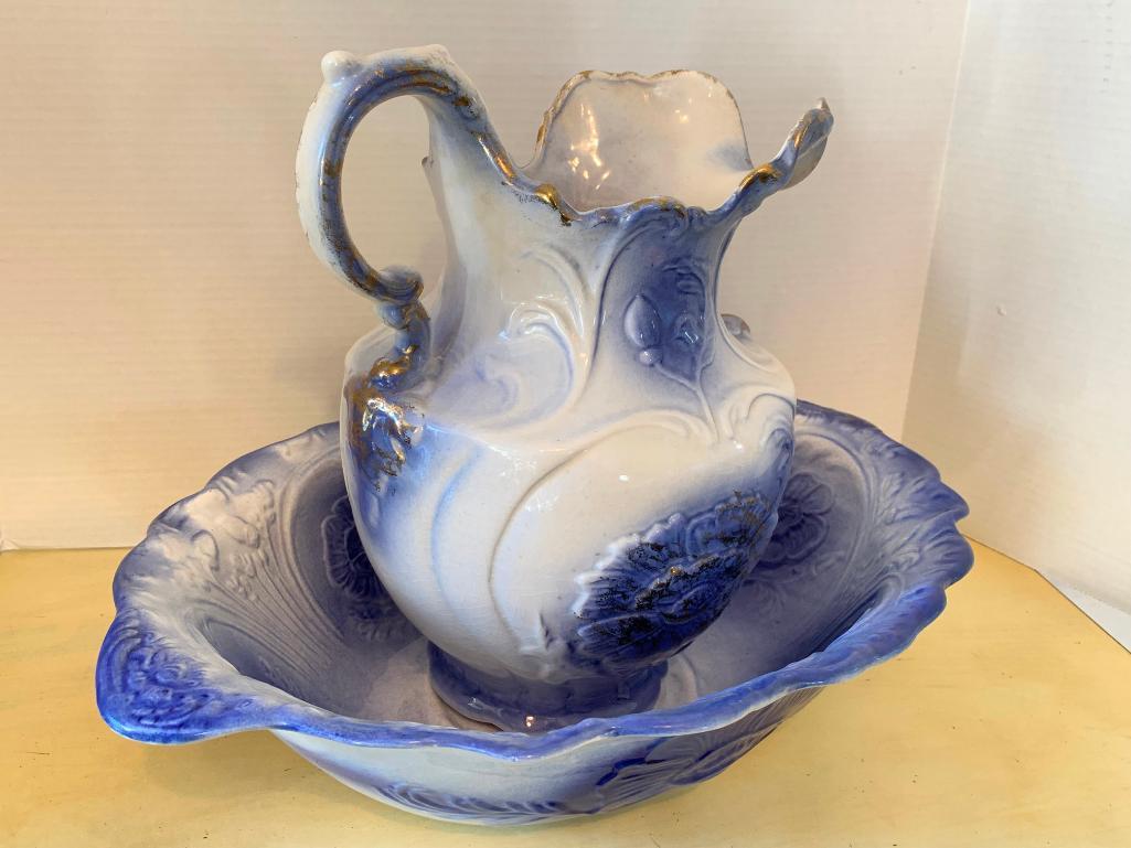Porcelain Water Pitcher & Basin. Basin is 5" x 19" x 13"