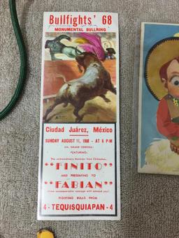 Misc Treasure Lot Incl Googlie Eye Postcards, 1968 Bull Fight Ticket Juarez Mexico and More