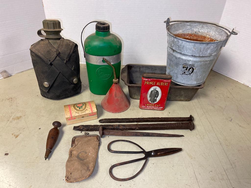 Misc Treasure Lot Incl Canteens, Small Galvanized Bucket and More