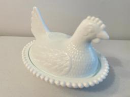 Milk Glass Hen on Nest Candy Dish