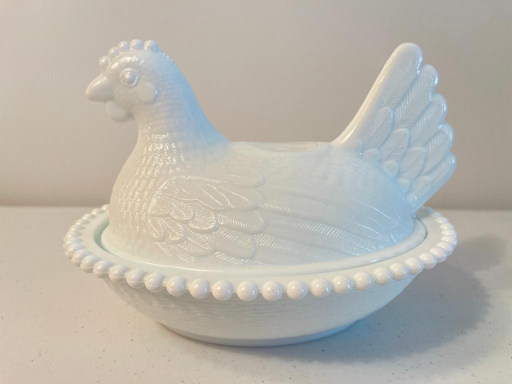 Milk Glass Hen on Nest Candy Dish