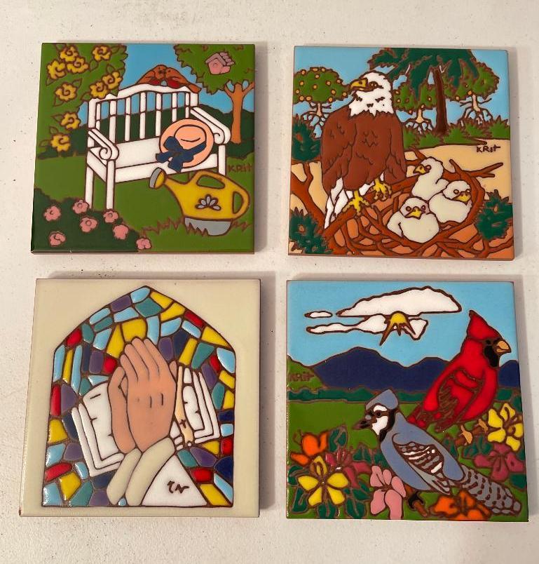 Group of 4 Earthtones Tile Art Work Pieces