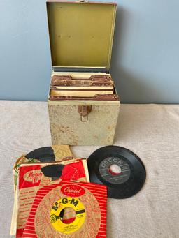 Vintage 45 Records and Metal Record Box