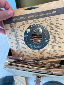 Vintage 45 Records and Metal Record Box