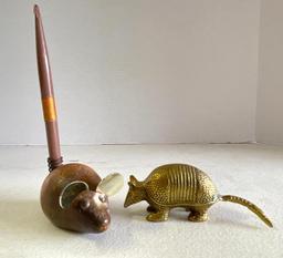 Vintage Brass Armadillo and Wooden Mouse Pen Holder