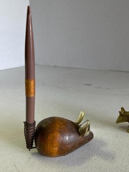 Vintage Brass Armadillo and Wooden Mouse Pen Holder