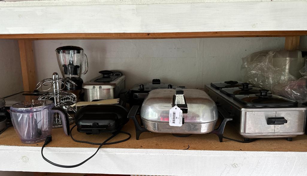 Shelf Lot of Counter Top Kitchen Appliances and Plastic Ware