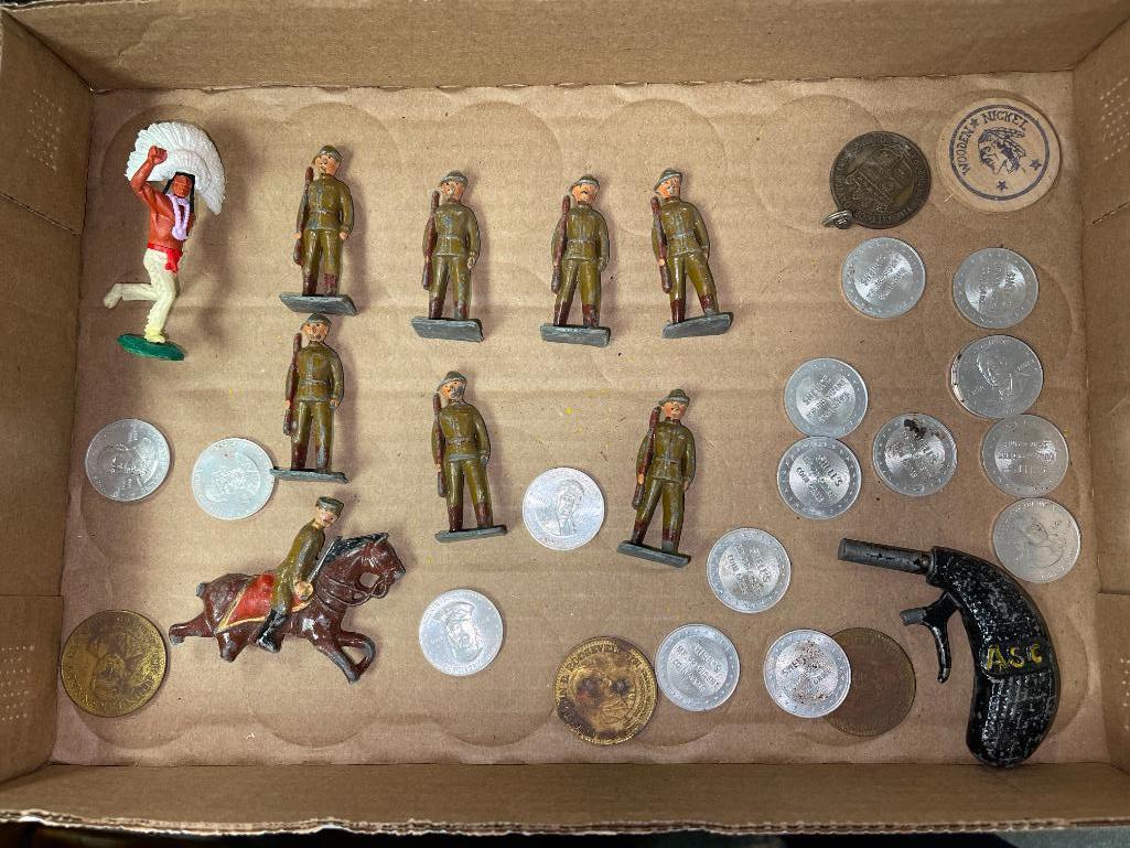 Misc Treasure Lot Incl Vintage Cast Iron Army Men, Wooden Nickel and More