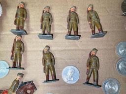 Misc Treasure Lot Incl Vintage Cast Iron Army Men, Wooden Nickel and More