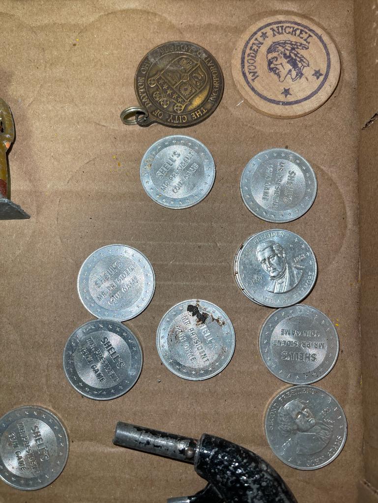 Misc Treasure Lot Incl Vintage Cast Iron Army Men, Wooden Nickel and More