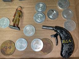 Misc Treasure Lot Incl Vintage Cast Iron Army Men, Wooden Nickel and More