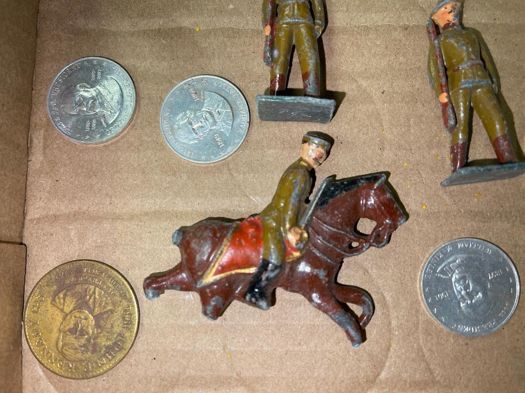 Misc Treasure Lot Incl Vintage Cast Iron Army Men, Wooden Nickel and More