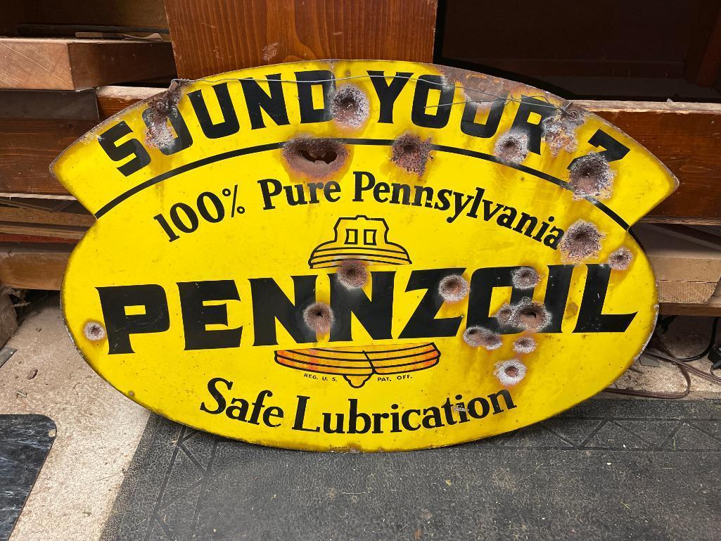 Bullet Hole Ridden Double Sided Pennzoil Metal Sign