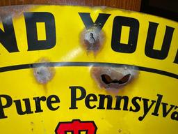 Bullet Hole Ridden Double Sided Pennzoil Metal Sign