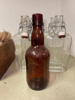 Wooden Crate w/Five Glass Liquor Bottles