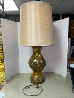Vintage Gold Tone Ceramic Lamp w/Shade