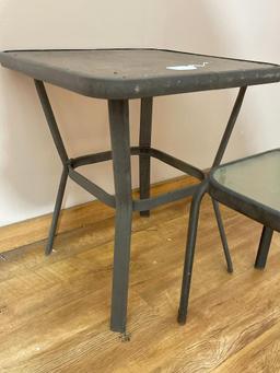 Pair of Outdoor Metal and Glass Top Tables