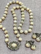 Pearl Like Necklace and Clip On Earring Set Made in Japan