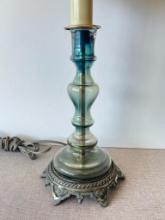 Vintage Blue Glass and Metal Base Lamp