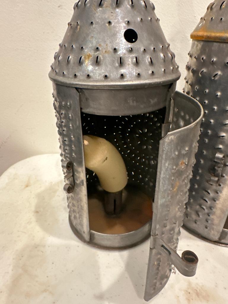 Pair of Punched Tin Candle Holders