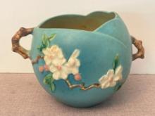 Roseville Pottery Blue Apple Blossom Double-Handled Bowl