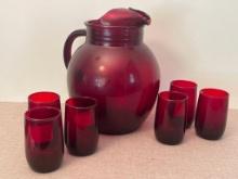 Red Glass Pitcher with Juice Glasses