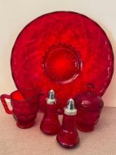 Group of Red Glass Serving Items