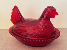 Vintage Red Glass Hen on Nest