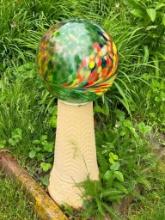 Glass Gazing Ball on Concrete Base