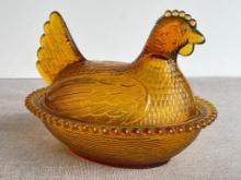 Vintage Amber Glass Hen on Nest
