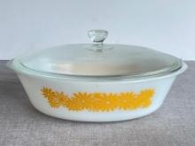 Vintage Glassbake Yellow Daisy Casserole Dish with Lid