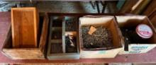 Antique Tool Caddy, Wood Boxes and Two Boxes of Nails