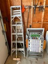 Misc Lot with 6' Aluminum Step Ladder, Old Lawn Chairs and Vintage Windows