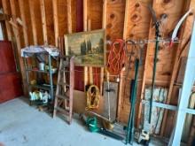 Wall Lot of Misc. Yard Tools and Contents of Metal Shelf, Shelf Itself is Not Included