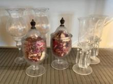 Three Sets of Glass Candle Holders and Decorative Urns