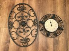 Metal Clock and Wrought Iron Wall Decor
