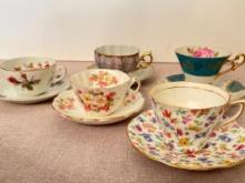 Group of Five Vintage Tea Cups and Saucers