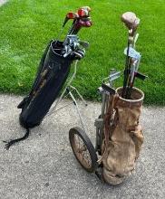 Group of Misc. Vintage and Antique Golf Clubs with Stand and Cart