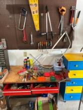 Large Lot of Hand Tools, Yard Cutting Tools, Contents of Two Drawers in Workbench, Tool Box and Jack