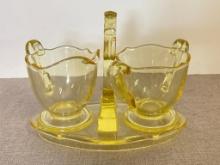 Vintage Yellow Glass Creamer / Sugar Set with Stand