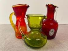 Group of 3 Hand Blown Crackle Gass Small Pitchers