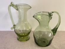 Pair of Hand Blown Applied Handle Glass Pitchers