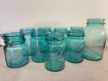 Group of Aqua Blue Glass Ball Mason Jars