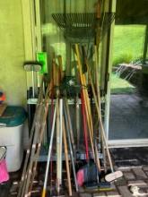 Group of Long Handled Garage Tools with Plastic Organizer